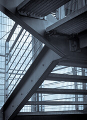 Obraz premium Close up of beautiful staircase on the side. Entry to the queue. Stairs up and down. Outdoor metal stairs