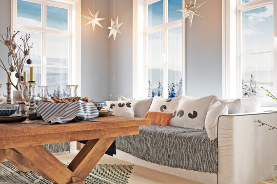 New year tree in scandinavian style interior with christmas decoration. 3D Render	