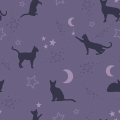 Koty bawiące się gwiazdkami i księżycem. Magiczna scena nocna. Ilustracja wektorowa na wrzosowym fioletowym tle. Powtarzający się wzór. - obrazy, fototapety, plakaty