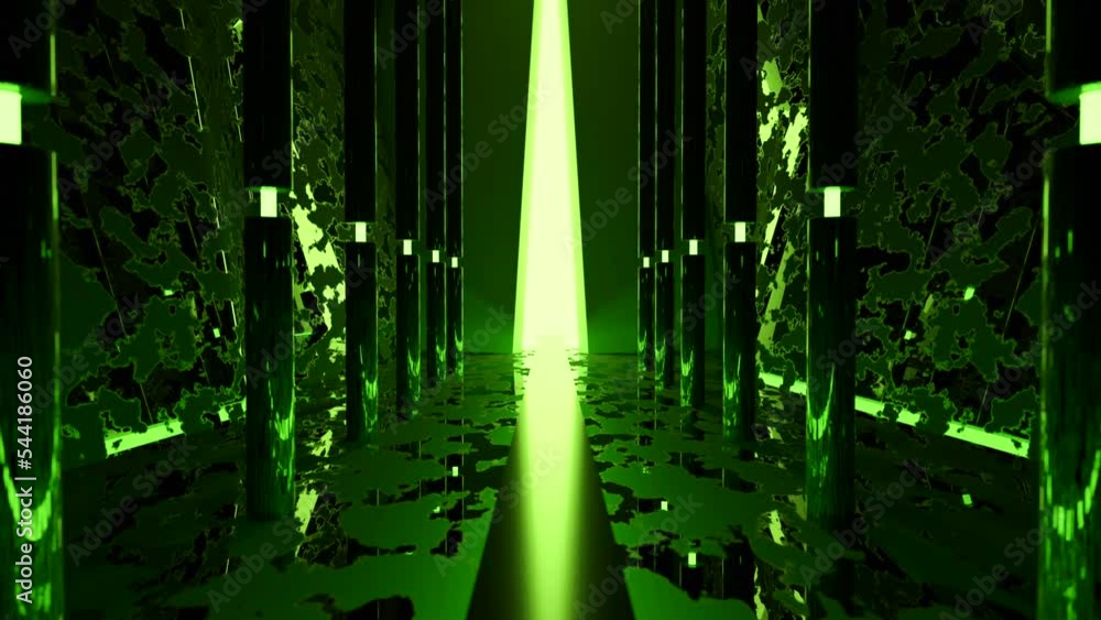 Poster green and orange background. design. light background with a long corridor that moves backwards in a