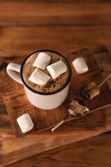 A cup of cocoa or hot chocolate with marshmallows and a roasted marshmallow skewers over a campfire. Autumn holidays. Wooden background.