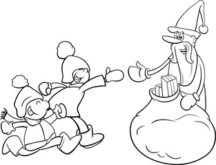 cartoon Santa Claus giving Christmas gifts to kids coloring page