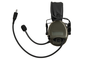 Protective headphones on a white. Safety equipment. Headphones for noise reduction. Light back.