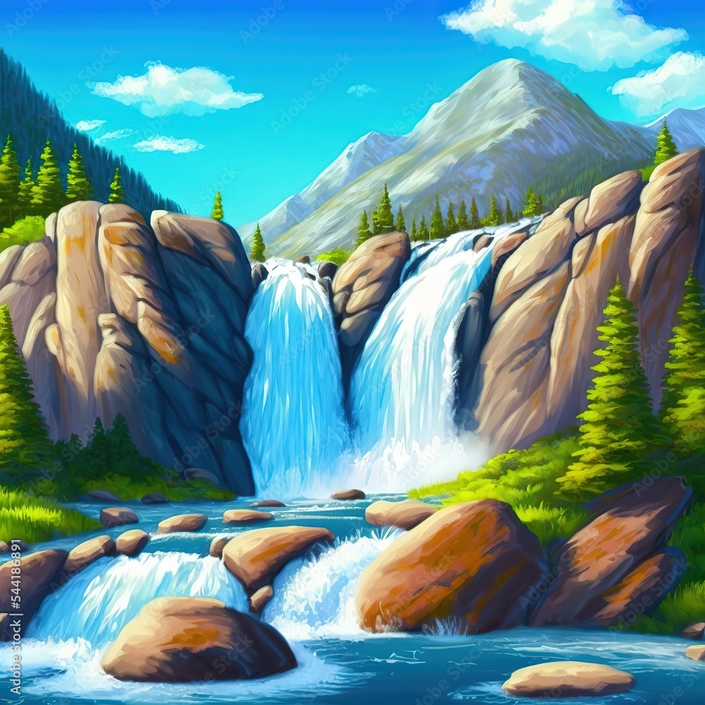 Aufkleber high mountains in greenery with a waterfall, streams of water fall down into a mountain river 3d ill