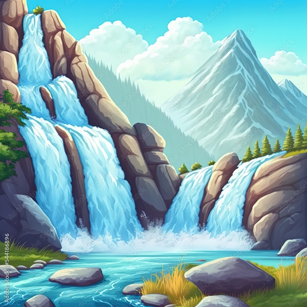 Poster mountains in greenery with a waterfall, streams of water fall down into a mountain river under a blu