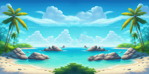 Tropical beach on the island with palm trees, golden sand and blue sea water 3d illustration