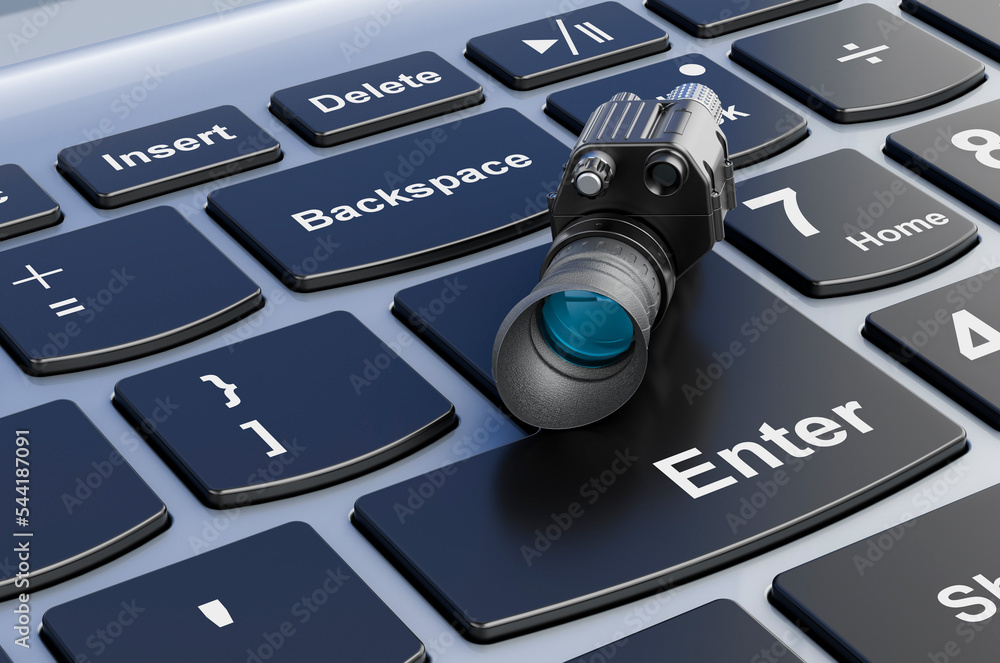 Poster night vision monocular on computer keyboard, 3d rendering