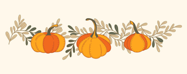 Cute hand drawn pumpkin horizontal banner, hand drawn pumpkins - great as Thanksgiving background, wrapping - vector design