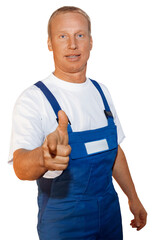 Craftsman series: Sympathetic workman pointing index finger forward.