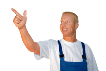 Craftsman series: Sympathetic workman points upwards with index finger.