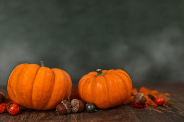 A row of miniature orange pumpkins on a rustic wood surface with a gray abstract background with copy space for a banner or ad