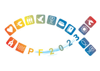 Jesus symbol, Happy New Year with christian symbols.
Pf card new year 2023 with fish and Stylized colorful christian icons. Vector available.