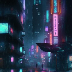 Rainy neon night in a cyberpunk city street.