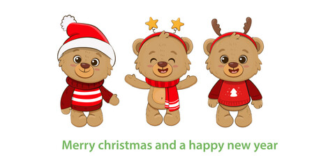 Cute cartoon teddy bear Isolated on white. Christmas  Illustration for design, banners, children's books and patterns. Bear on santas hat.Vector