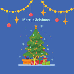 Elegant green Christmas tree, decorated with garlands and balls with gifts near it with blue snowflakes and yellow stars on a blue background. Vector illustration in flat style for print and we