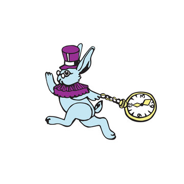 Running White Rabbit with pocket watch. Vector illustration for tale Alice in Wonderland. Symbol of the new year