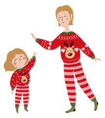 Happy girl and her mother in Christmas pajamas on white background