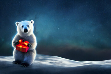 Christmas polar bear in the winter landscape. Polar bear santa. Magical christmas scenery - obrazy, fototapety, plakaty