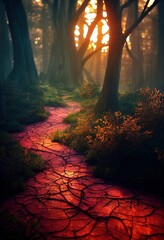 Path throgh Enchanted forest during sunset. 3d illustration, fantasy landscape.