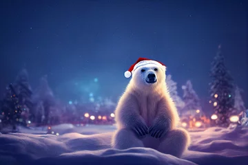 Tuinposter Kerstijsbeer in het winterlandschap. Kerstman ijsbeer. Magisch kerstlandschap © Aquir