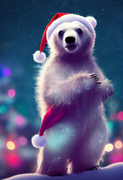 Christmas polar bear in the winter landscape. Polar bear santa. Magical christmas scenery