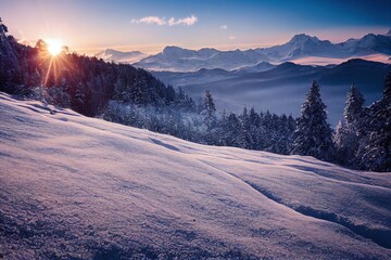 View on Snowy Mountains landscape. Spectacular Nature Landscape Background during sunset in winter.