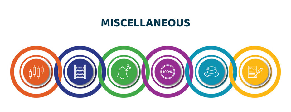 editable thin line icons with infographic template. infographic for miscellaneous concept. included candlesticks, washboard, snooze, 100 percent, pebble, will icons.