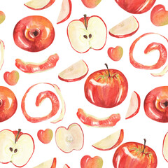 Watercolor apple pattern. Apple seamless pattern. Design for packing, wrapping paper, menu, cafe, kitchen, fabric, textile, package, apple meals, backgrounds.