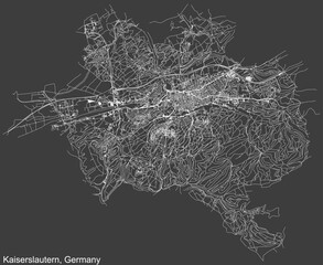 Detailed negative navigation white lines urban street roads map of the German regional capital city of KAISERSLAUTERN, GERMANY on dark gray background