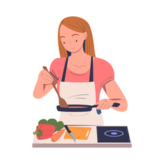 Woman Character Cooking at Home Standing at Table with Vegetables and Frying Pan Vector Illustration