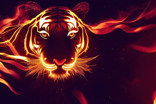 A fiery head composed of burning embers is shown in detail on a black background isolated. A 3D illustration of a Chinese tiger zodiac sign.