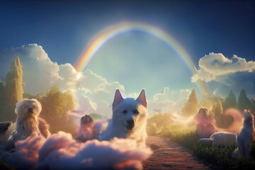 A fantasy dog-cat paradise where pets run and play in a beautiful Eden garden populated by ethereal clouds, rainbow bridges, and heavenly sunshine. The idea of an afterlife for animals.