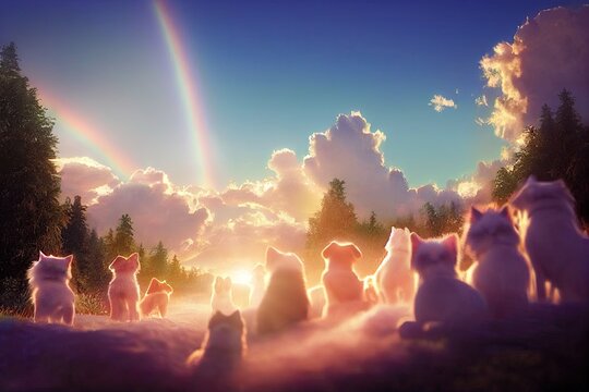 An idyllic paradise for dogs and pets in a beautiful make-believe garden with a rainbow bridge, ethereal clouds, and nice sunlight. Concept of life after death for animals.