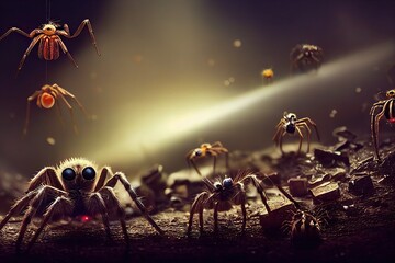 Spiders infesting urban houses at night time. A scary Halloween theme and message of epidemic and arachnophobia. 3D rendering.