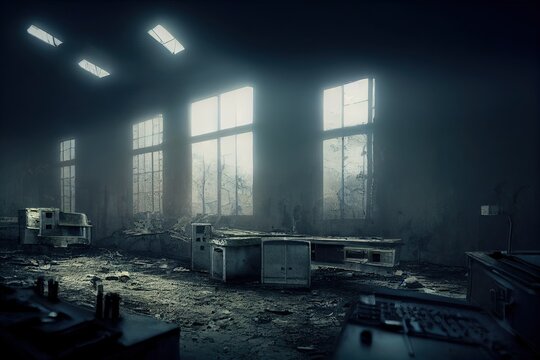 The nuclear ruins of Chernobyl in Ukraine are still present because of the famous Chornobyl nuclear incident in 1986 in Pripyat city, the Soviet Union. 3D render.