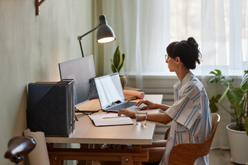 Side view portrait of young woman using laptop while working or studying at cozy home office...