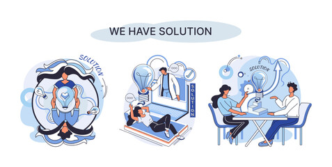 Reaching solution as result of work of business team. Startup employees. Goal thinking. Cooperation construction by agency create team. Creative successful management metaphor, decision and teamwork