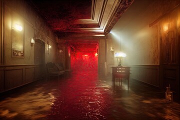 An indoor scene of a horrifying haunted hotel of horrors with rivers of blood flowing through the hall and corridor of nightmars. 3D illustration of Halloween for horror theme backgrounds. - obrazy, fototapety, plakaty