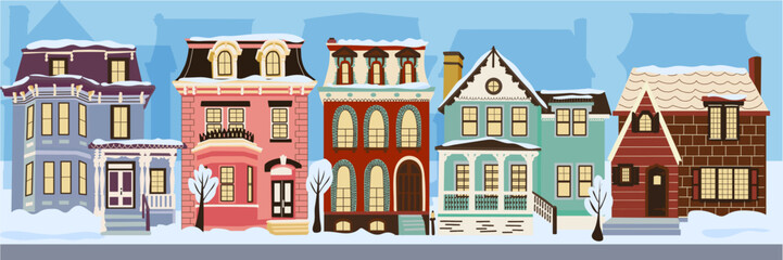 Winter houses on the snowy street. Wonderland background for card