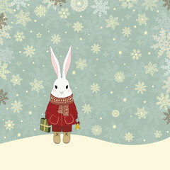 Christmas illustration with a cute cartoon rabbit in snow - 544192674