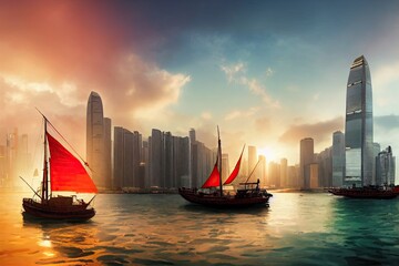 two Red-sail junk boat with skyline buildings of Hong Kong island of China. Chinese red-sail junk boat at sunset. 3D illustration.