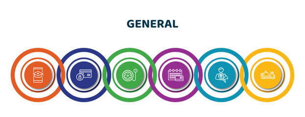 editable thin line icons with infographic template. infographic for general concept. included distance learning, credit limit, inflate tire, annual fee, advertising agency, food delivery icons.