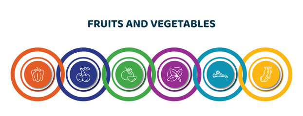 editable thin line icons with infographic template. infographic for fruits and vegetables concept. included bell pepper, cherry, tangerine, basil, spring onion, tamarind icons.