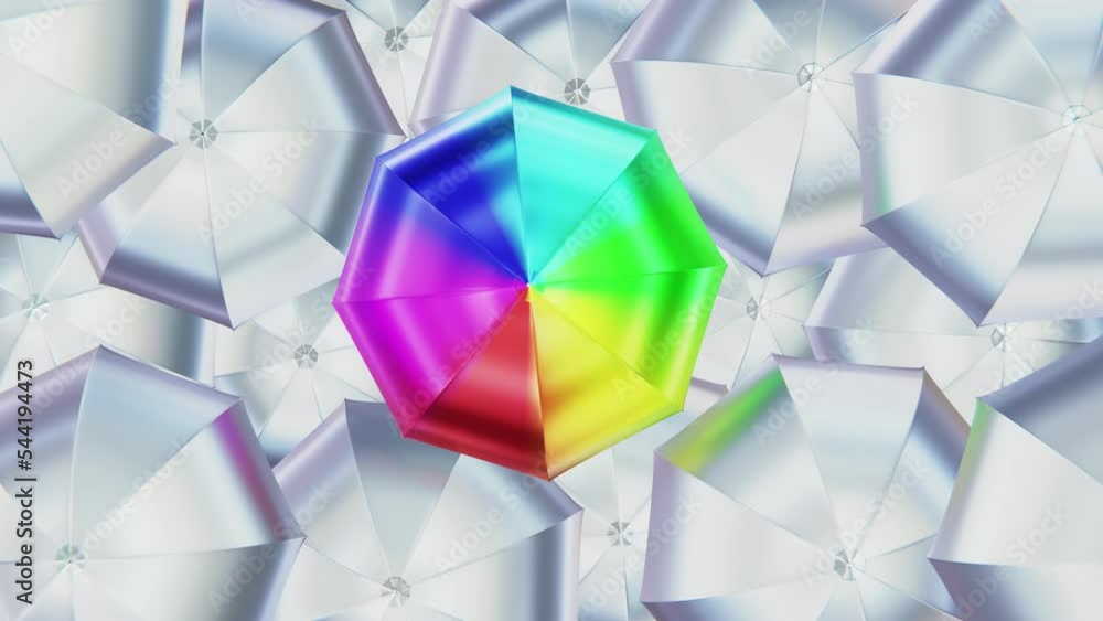 Poster realistic looping 3d animation of the spinning colorful rainbow gradient umbrella or parasol surroun