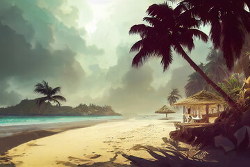 Sandy beach with palm trees on a sunny sea island. Tropical seascape. Palm trees on the beach. Wooden bungalow on the ocean. Paradise island, vacation, beach.