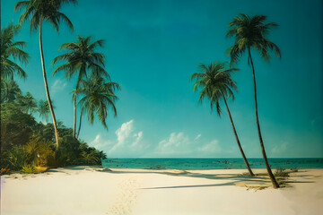 Obraz na płótnie Canvas Sandy beach with palm trees on a sunny sea island. Tropical seascape. Palm trees on the beach. Wooden bungalow on the ocean. Paradise island, vacation, beach.