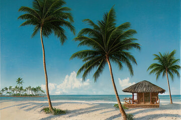 Obraz na płótnie Canvas Sandy beach with palm trees on a sunny sea island. Tropical seascape. Palm trees on the beach. Wooden bungalow on the ocean. Paradise island, vacation, beach.