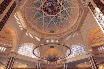 Interior chandelier and ornamental details of mosque Astana Nur-Sultan Kazakhstan