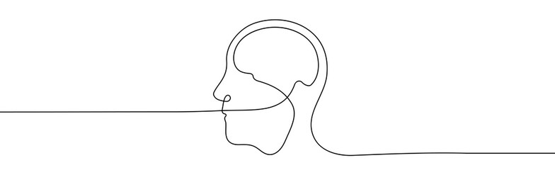 One line illustration of man head with brain. Continuous. Vector illutsration of thinking man.