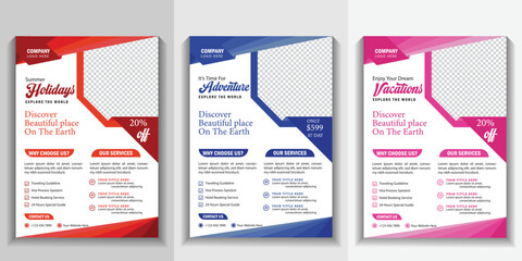 Modern company tours travel flyer design. summer holiday tourism brochure template. flyer design set with a beach view. world adventure template. travel flyer design template.